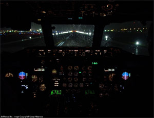 "Photo of a typical DC-9-82 flight deck at night Photo copyright Jorge Albanese - used with permission"