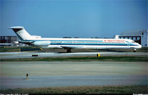 "Photo of a Northwest DC-9-82 taxiing Photo copyright Ellis M. Chernoff - used with permission"