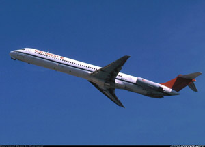 "Photo of Northwest DC-9-82 after takeoff Photo copyright Ellis M. Chernoff - used with permission"