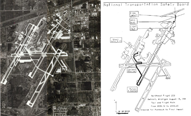 "Left: Aerial view of Detroit-Metro airport - Photo courtesy of DTW Airport Archives. Right: NTSB diagram showing Flight 255's taxi route and takeoff path"