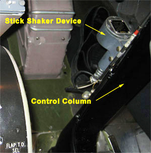 "Stick shaker device on copilot's control column FAA photo taken in an American Airlines DC-9-82 simulator"