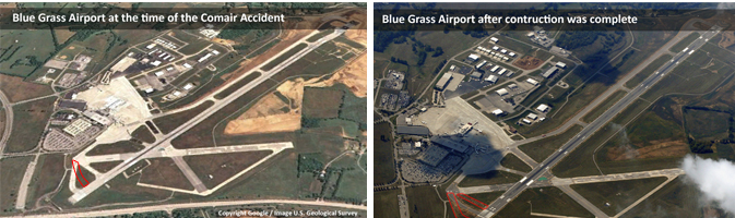 "Comparison photos of Blue Grass Airport before and after runway construction"