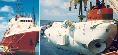 "Photo of recovery ship and manned deep sea submersible"