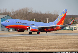 "Photo of a Southwest Airlines 737 on Landing Showing Deployed Thrust Reverser Photo copyright Daniel J. Evans - used with permission"