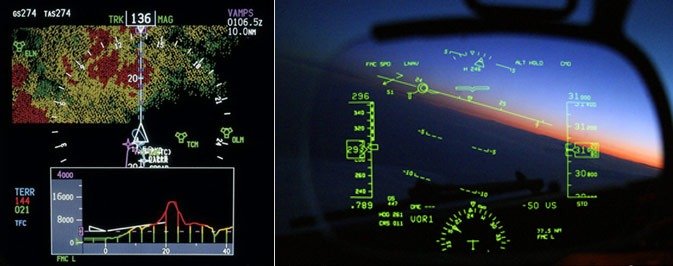 "Left: Boeing Vertical Situation Display - Photo copyright The Boeing Company - used with permission Right: Heads Up Navigation Display on 737-800 - Copyright Brett B. Despain - used with permission"