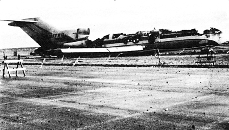 "Post crash photo of right side of airplane showing fire damage"
