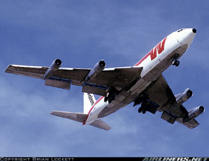"Photo of Boeing 720 showing wing sweep Photo copyright Brian Lockett - used with permission"