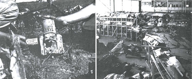 "Left, Photo of Stabilizer Electric Trim Actuator recovered from Accident Site, CAB Accident Docket file. Right, photo of Accident Aircraft reconstruction from CAB Accident Docket file"