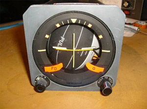 "Photo of redesigned 707/720 Sperry HZ-4 artificial horizon. Note that this specific instrument has been redesigned to better indicate sky/ground, and pitch attitude."