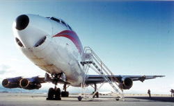 "Photo of DC-8 cargo plane encountered severe clear air turbulence over Colorado in December 1992 causing separation of left outboard engine and loss of 19 feet of wing"