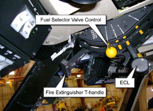 "Photo of S-76 engine controls on cockpit overhead"