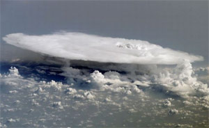 "Photo of an anvil cloud with overshooting top"