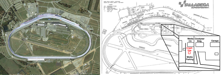 "Aerial image of Talladega Superspeedway (left) Diagram of Talladega Superspeedway showing location of crash site (right)"