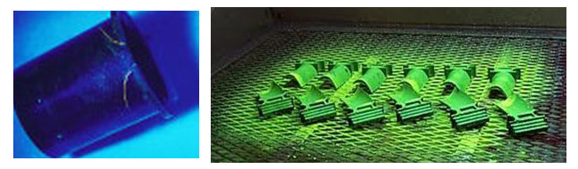 "Detection of cracks under ultraviolet light using Fluorescent Penetrant Inspection (left), Fluorescent Penetrant Inspection of turbine engine blades (right)"