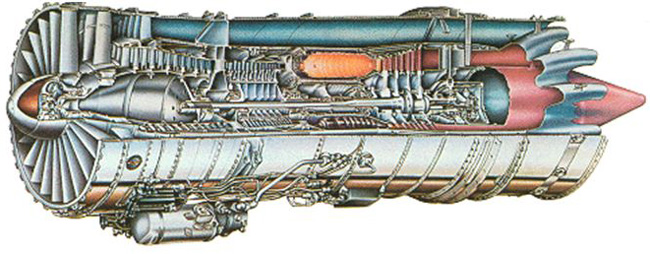 "Cross section of Pratt & Whitney's JT8D-200 series engine"