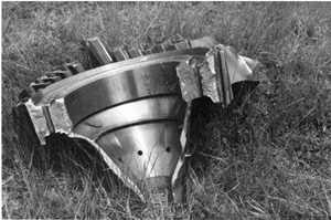 "Photo of separated fan hub from accident Note: hub failed through tierod holes"