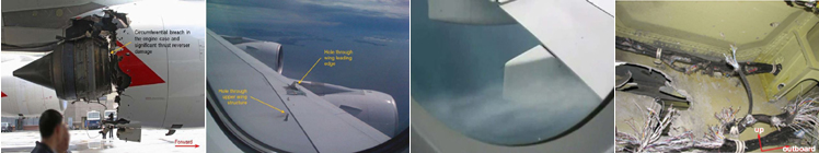 "Photos of No. 2 engine damage, aircraft damage, fuel leakage, and wiring system damage - ATSB accident report"