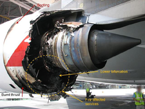 "Photo of Rolls-Royce Trent 900 engine damage - ATSB accident report"