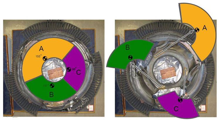 "Photo of Initial disc segment trajectories, looking rearward - ATSB accident report"