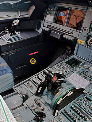 "A320 Thrust Levers and Sidestick Controller Photo copyright Matteo Stella - Malpensa Spotters – used with permission"