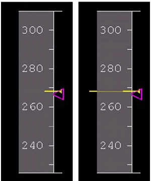 "Photo of airspeed tape showing extended speed reference line"