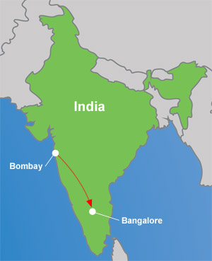 "Map of India showing Flight 605 route from Bombay to Bangalore"