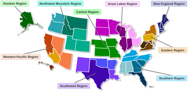 Map of Office of Airports Regional Offices