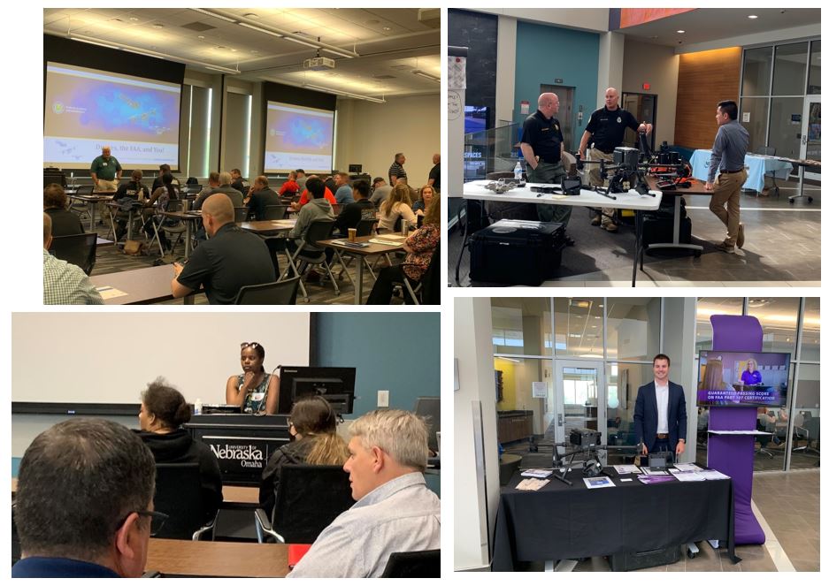 "A series of four photos showing speakers in a classroom and a person presenting at a table"