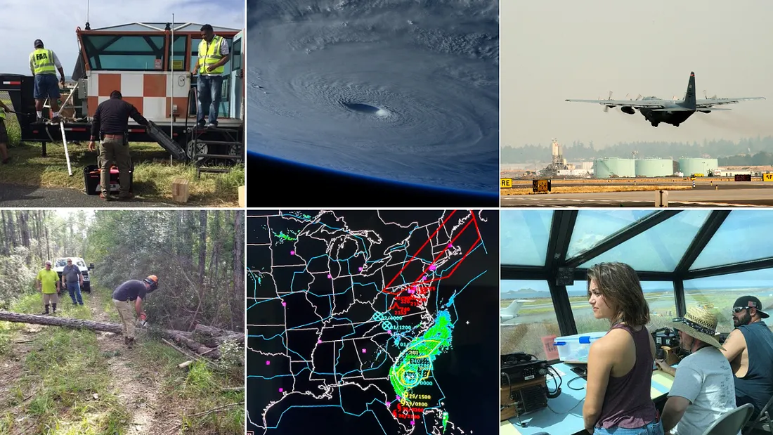 FAA specialists, technicians, and air traffic controllers work together before, during, and after hurricanes to restore navigation systems and support lifesaving aerial rescues. (Photos: FAA and NASA (top-center))