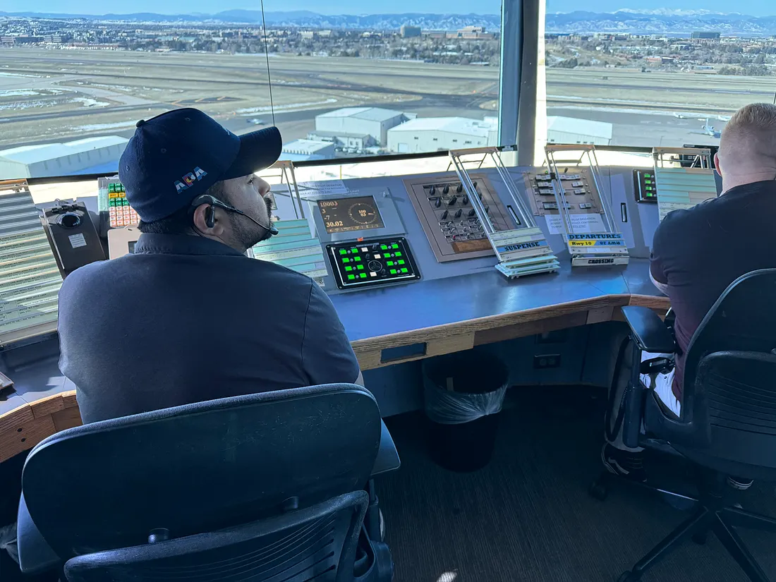 Air traffic controllers at Centennial Tower in Colorado were the first to use the enhanced Runway Incursion Device, pictured in the center with green and red buttons.