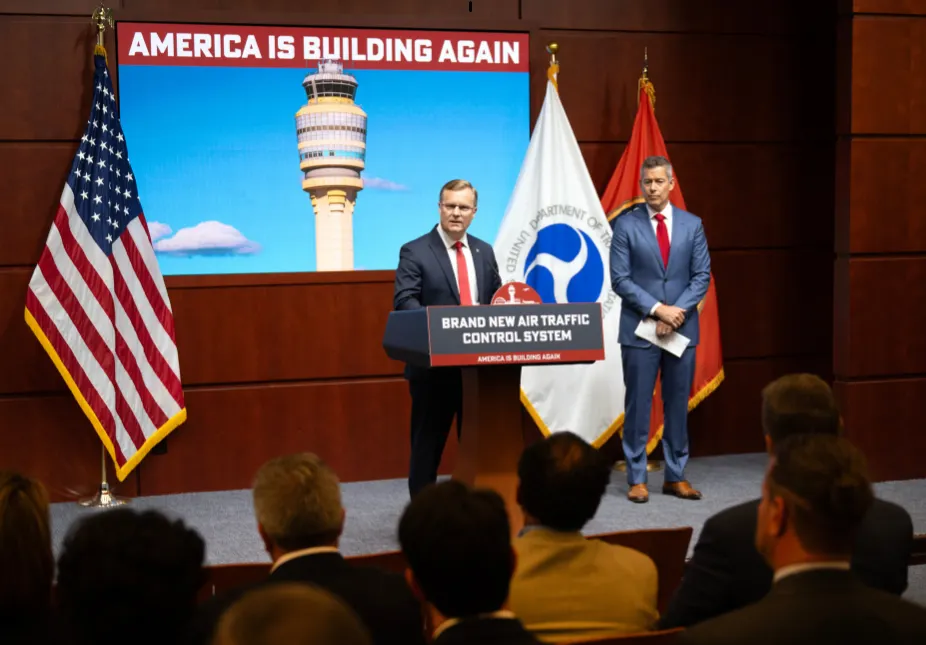 The Federal Aviation Administration’s Acting Administrator Chris Rocheleau (left) joins U.S. Transportation Secretary Sean P. Duffy in addressing forum attendees. (Photo: DOT)