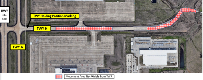 Image shows Movement Area not visible from Twr at AFW, mostly sections of TWY H. 