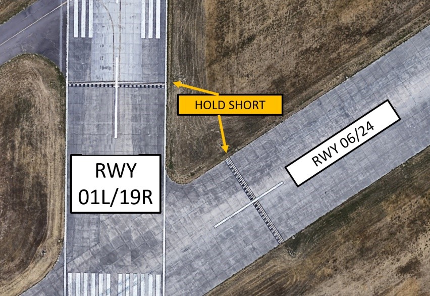 Image shows APC's hot spot #3 at the intersection of RWY 06/24 and RWY 01L/19R. During different traffic flows, the TWR may use these RWYs to taxi aircraft.