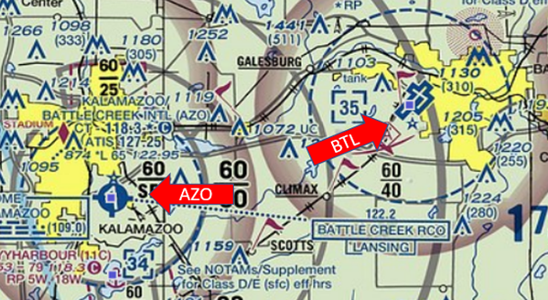 Wrong airport landing exists because AZO and BTL airports are in close proximity. 