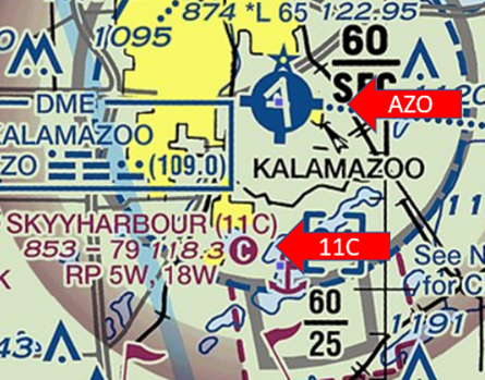 Image shows proximity of AZO and Skyharbour Seaplane Base. Skyyharbour Seaplane Base (11C) is located 3.6 NM south of the AZO airport. 