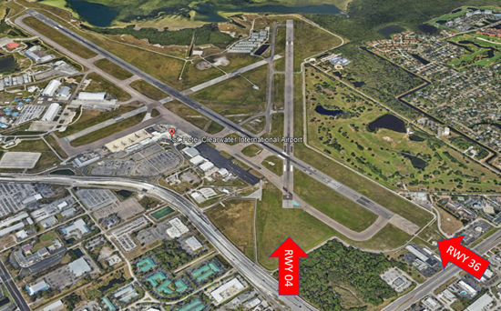 Aerial shot of landing north at PIE. Image calls out RWYs 36 and 04 and reminds pilots to ensure alignment for the correct RWY. 