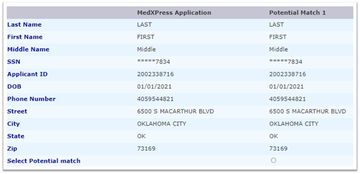 Graphic showing Applicant information display