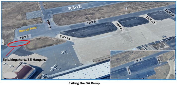 Picture of the general aviation ramp showing the taxiways and the run-up area.