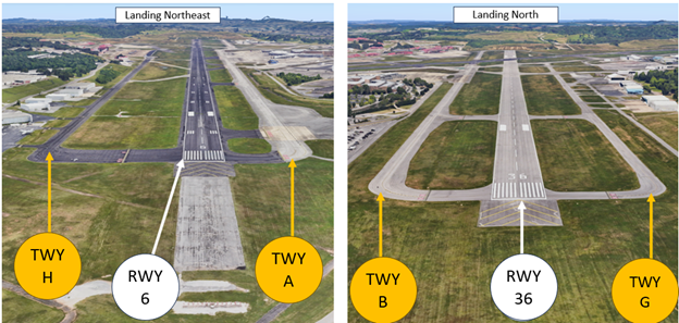 Picture of the runways and taxiways when landing to the north and the northeast.