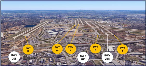 Picture of the runways and taxiways  when landing southwest.