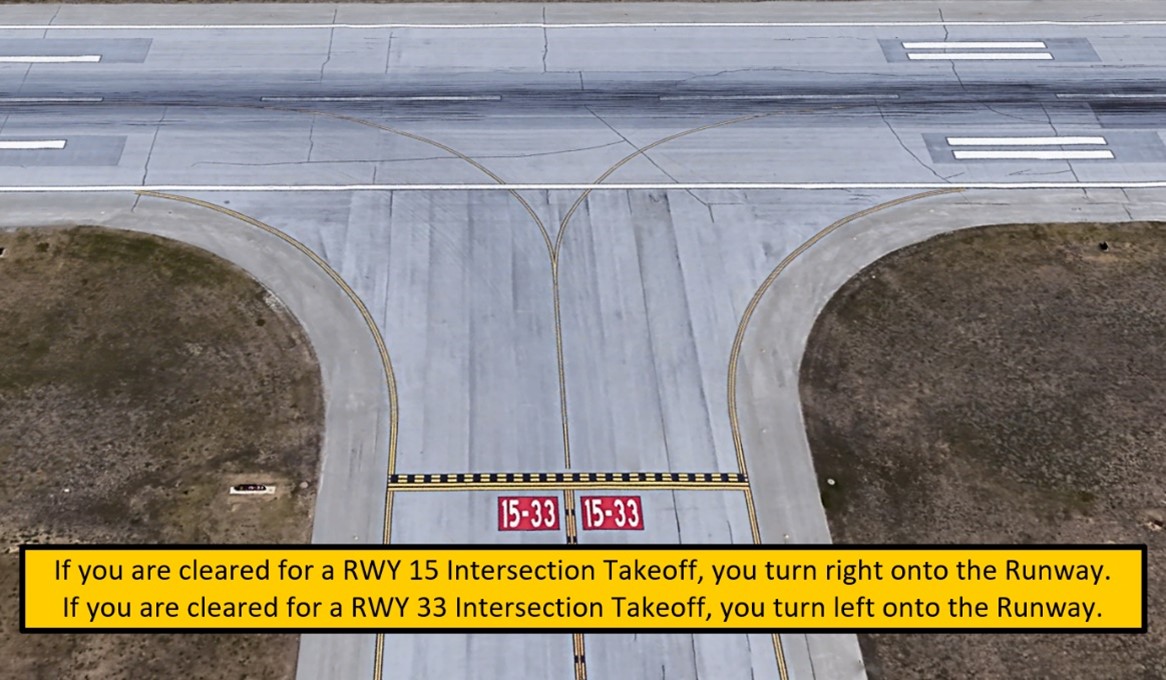 Risk of wrong direction intersection departures can occur at BTV. Image shows if you are cleared for RWY 15 intersection takeoff, you turn right onto the RWY. If you are cleared for RWY 33 intersection takeoff, you turn left onto the RWY.  