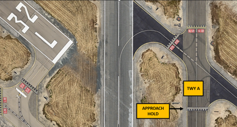 Image shows KCCR Hot Spot 3. Pilots taxiing either north or south on TWY A, fail to hold short of the RWY 32L Approach Hold Short Line when instructed. 