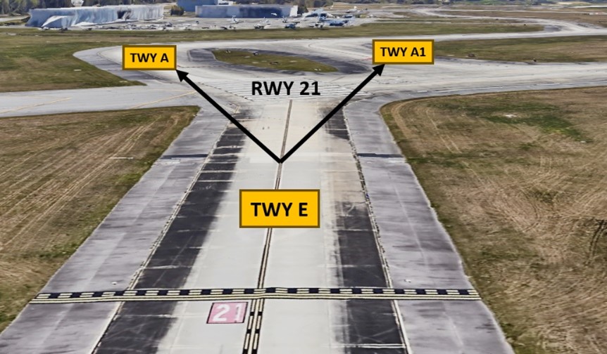 Image shows CHS Hot Spot 2 and location of RWY 21, TWY A, TWY A1 and TWY E. 