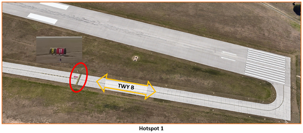 Depiction of Hotspot one on taxiway bravo indicating where aircraft are required to hold short of runway one one.