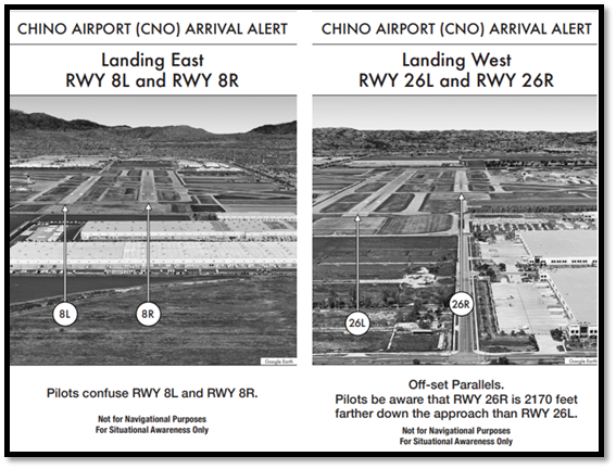 Picture of the Chino Arrival Alert Notices when landing east and west.