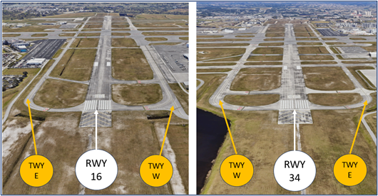 Picture of the runways and taxiways when landing north and south.