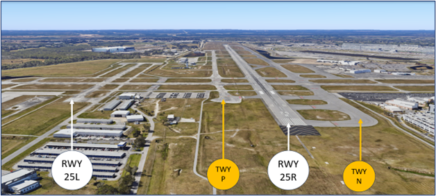 Picture of the runways and taxiways when landing east.