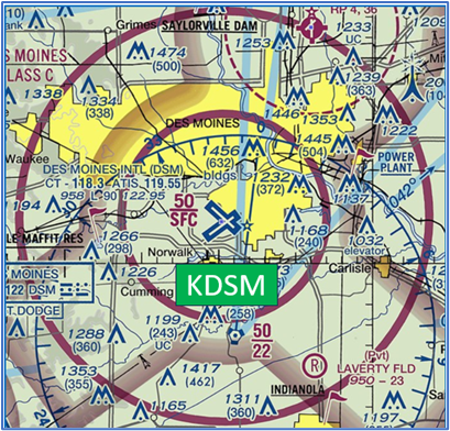 Picture from Sectional Chart depicting location of KDSM airspace.