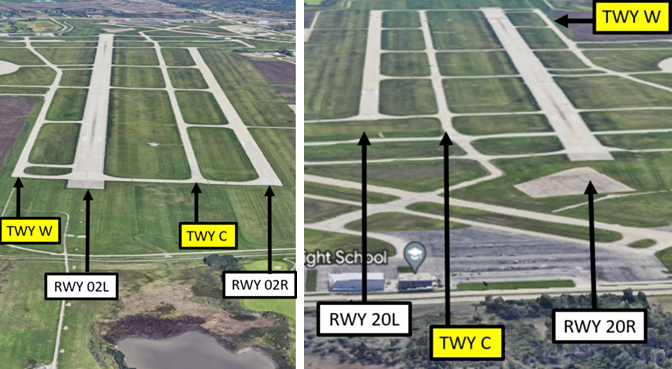 Wrong Surface Landing risk exists at DPA due to parallel RWYs with staggered thresholds and full-length parallel taxiways at DPA.  Parallel TWYs can also be mistaken as RWYs. Remember that RWYs have “white” markings. TWY markings are yellow.