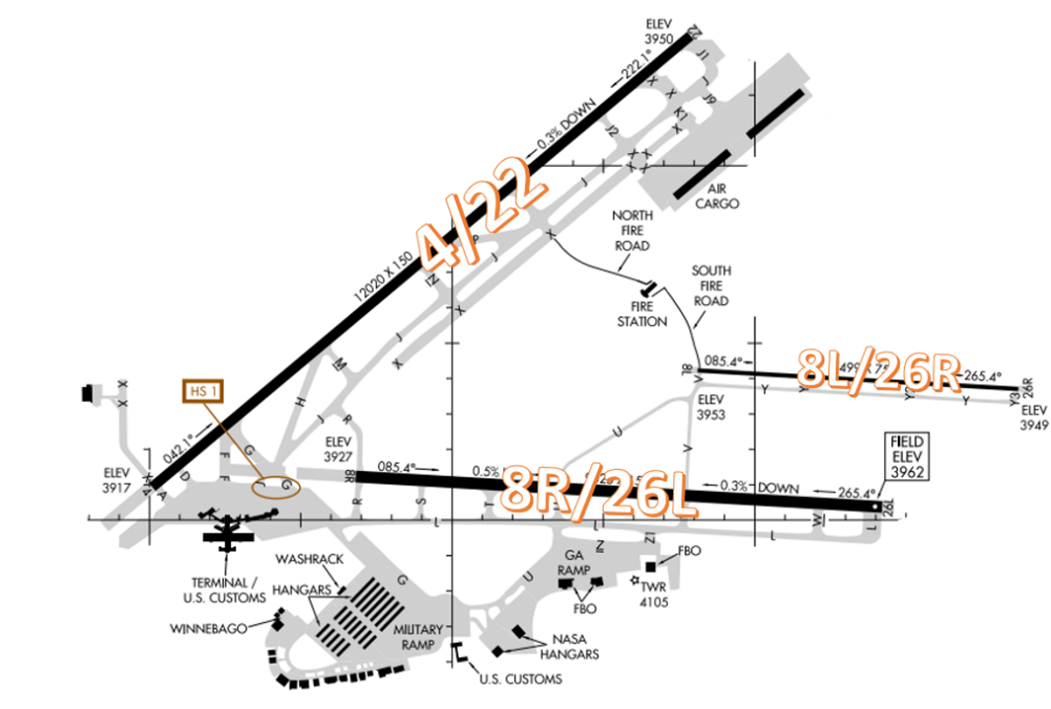 Image shows ELP airport configuration consisting of two parallel RWYs with staggered thresholds designated RWY 8L/26R and RWY 8R/26L. Additionally, there is a larger, non-intersecting RWY 4/22.  